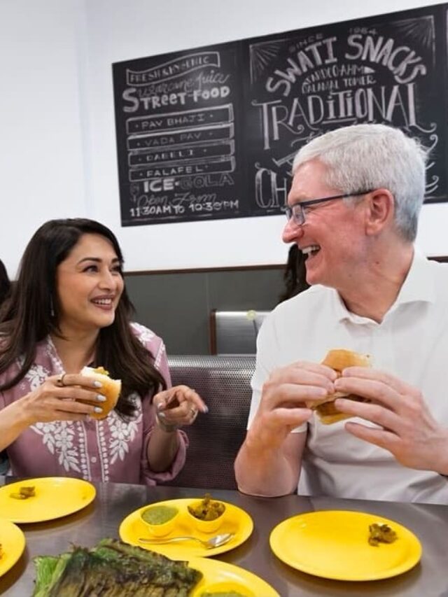 Apple Store launch in Mumbai: Tim Cook eats Vada pav with Madhuri Dixit, celebs pose with the CEO